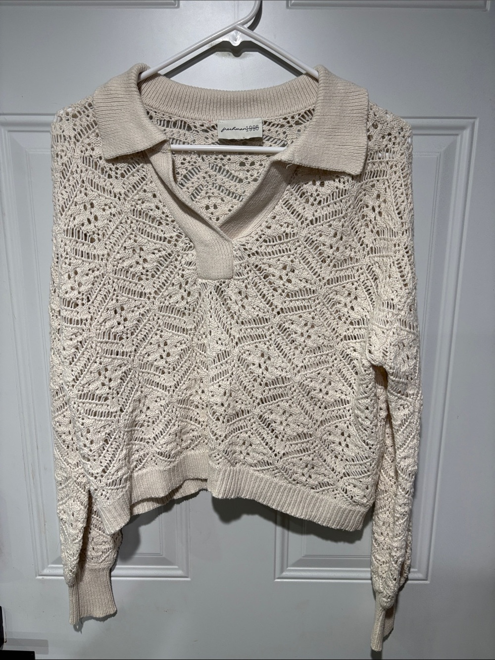 Open-Knit V-Neck Polo Sweater in Cream